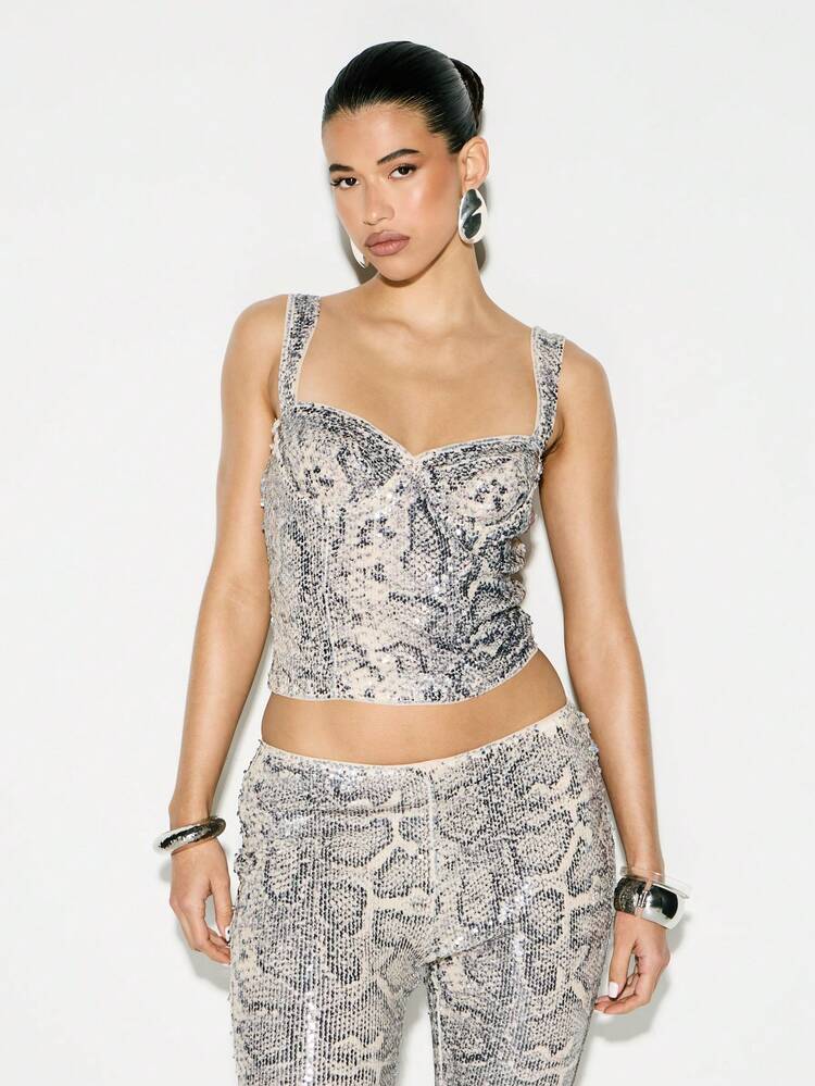 KIZN Sequin Snake Print Corset Top