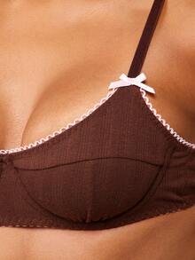 MISSGUIDED Pointelle Ribbed Underwire Bra And Thong Set With Contrast Lace Trim Pink Bow Details Intimates Lingerie - Brown - View 6