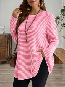 Rusticease 加大码外出上衣女士休闲条纹印花长袖宽松T恤，女士冬季服装 - 玫紅色 - 查看 3