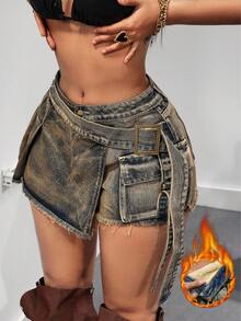 SHEIN Tall 女士休闲牛仔裙，带口袋和不对称裙摆 - 藍色 - 查看 1