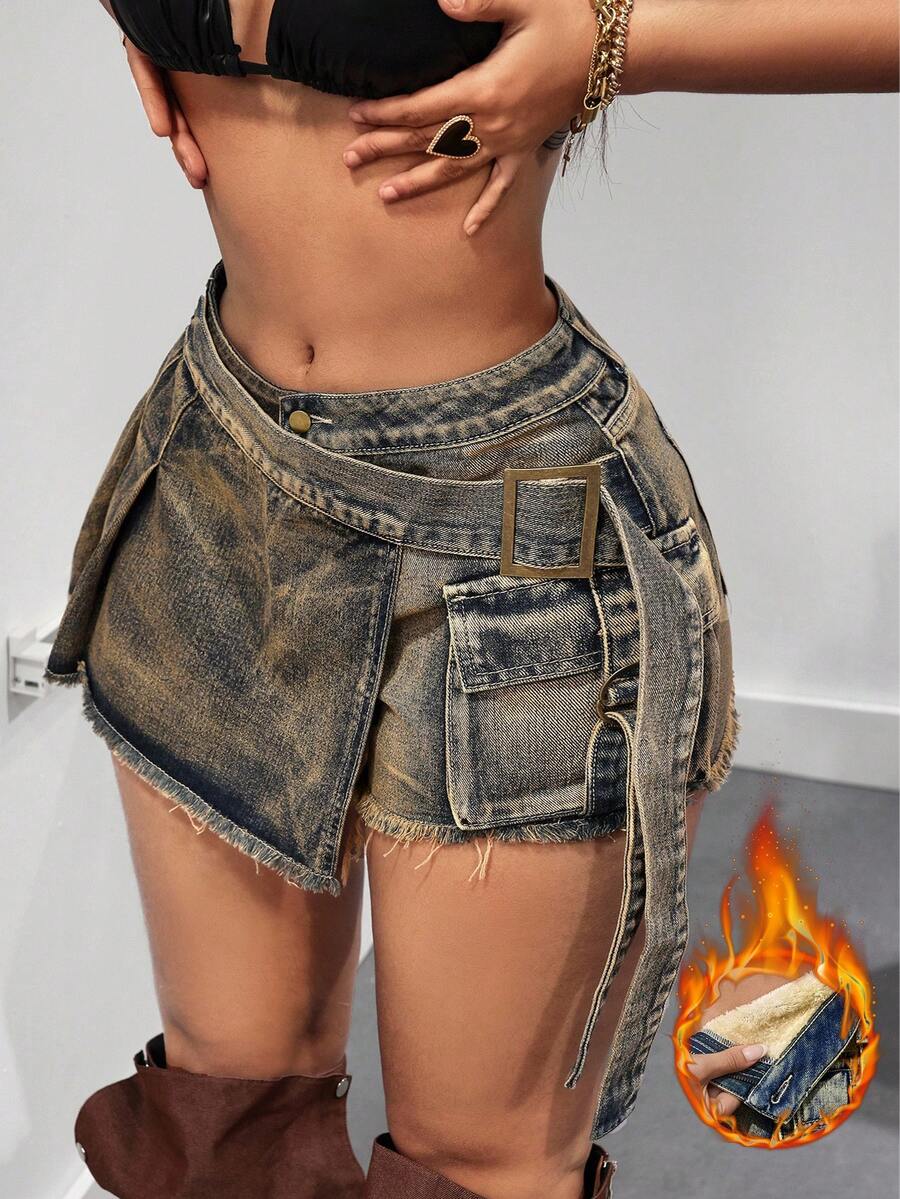 SHEIN Tall 女士休闲牛仔裙，带口袋和不对称裙摆 - 藍色 - 查看 1