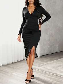 VaVaBold 深V领开衩大腿褶皱紧身连衣裙长款女装 - 黑色 - 查看 3