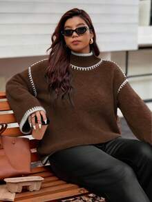 Vionelle Plus Size Women Knitted Elegant Fashionable Color Block Ribbed Hem Loose Pullover Sweater, Casual & Versatile Brown Sweater Coffee Brown Top Long Sleeve Top Sweater For Women Chocolate Brown Top - Coffee Brown - View 4