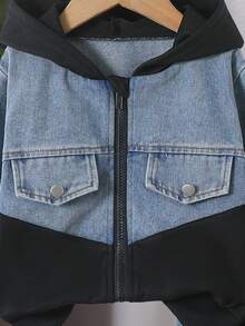 SHEIN Streecool Kids 4-7 Years Old Boys Vintage Stylish Casual Hooded Patchwork Denim Zip-Up Jacket & Elastic Waist Patchwork Denim Pants 2 Pieces Set, Autumn/Winter - Black - View 4