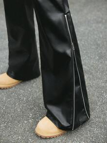 AXEPEAK Men's PU Leather Graphic Print Pocket Flared Leg Loose Pants - Black - View 4