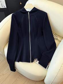 SHEIN Franclia 女士休闲拉链卫衣，收腰设计，秋季款 - 藏蓝色 - 查看 3