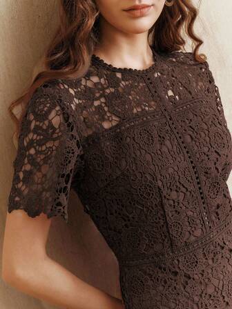 Anewsta Elegantes Spitzen-Patchwork-Splice Kaffee Kurzarm Volant Splice Kleid