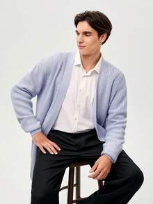 RONVEXI Loose Fit Men's Solid Ribbed Knit Duster Cardigan - Dusty Purple - View 4