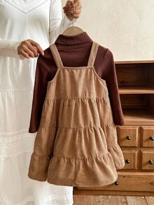 LMoss Kids 2pcs Young Girl Knitted Polo Neck T-Shirt And Corduroy Suspender Dress Set,Toddler Ruffle Jumper,Autumn Family Matching Cozy Winter Clothes - Multicolor - View 2