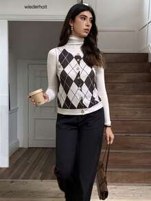 Elyressa Women's Casual Rhombus Print Button Front Top, Autumn - Coffee Brown - View 5