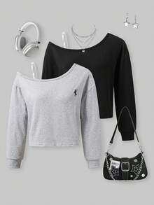 SHEIN Explorewe 2pcs/Set Tween Girl' Solid Color Casual Logo Graphic Oblique Shoulder Long Sleeve Knit T-Shirt, Slouchy, Minimalist & Versatile, Suitable For Autumn/Winter And Spring - Multicolor - View 1