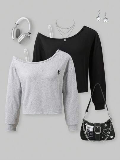 SHEIN Explorewe 2 st/set för tween-flickor, enfärgad, avslappnad t-shirt med logotyp, sneda axlar och långärmad stickad t-shirt. Sloppy, minimalistisk och mångsidig, lämplig för höst/vinter och vår.