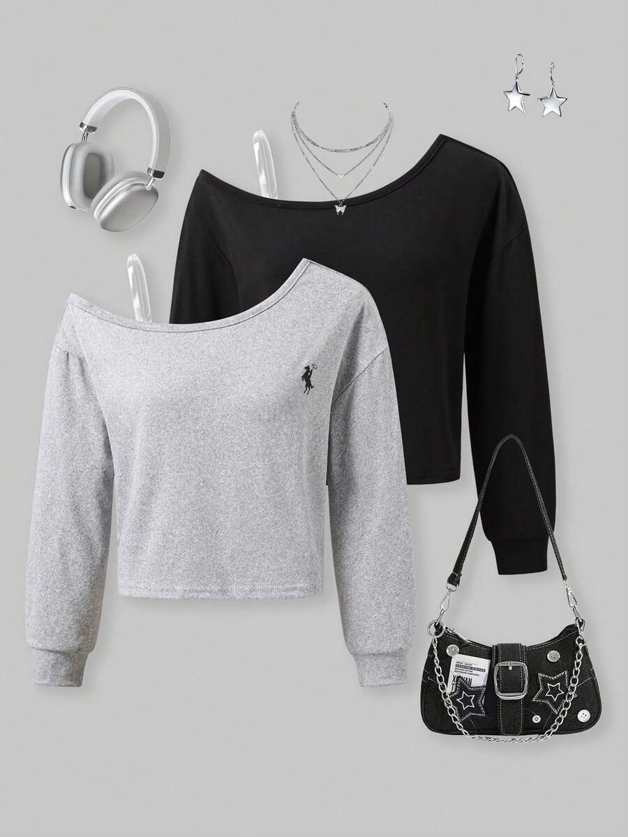 SHEIN Explorewe 2pcs/Set Tween Girl' Solid Color Casual Logo Graphic Oblique Shoulder Long Sleeve Knit T-Shirt, Slouchy, Minimalist & Versatile, Suitable For Autumn/Winter And Spring - Multicolor - View 1