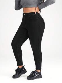 SHEIN ICON 大码黑色弹力紧身休闲七分牛仔裤