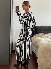 Livesso Elegant Fitted Black & White Round Neck Sweater Dress For Women, Autumn/Winter - Black and White - View 2