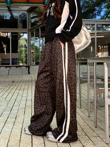 DAZY 女士弹力腰侧条纹豹纹阔腿宽松休闲裤