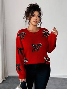 Elenzga Plus Size Women Elegant Long Sleeve Loose Beaded Bow Knit Sweater, Suitable For Outings, Vacations, And Clubs, Autumn/Winter - Red - View 6
