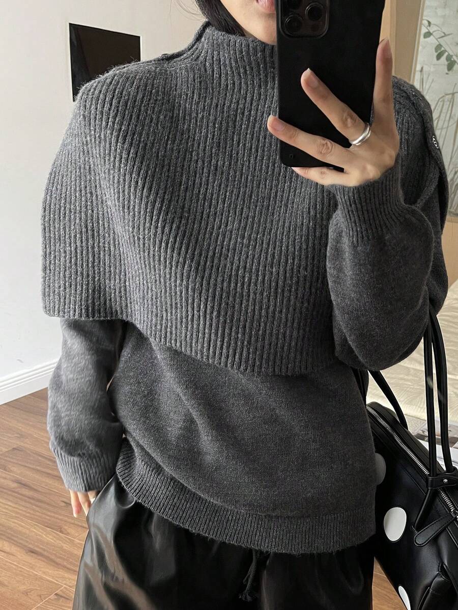 DAZY Women's Casual Solid Color Stand Collar Poncho Sweater, Autumn/Winter - Grey - View 1
