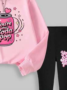 Sparklyn Bộ 2 món/Bộ đồ in họa tiết Soda cho bé gái tuổi teen gồm áo nỉ cổ tròn nữ tính kết hợp với quần ống loe thời trang và giản dị, hoàn hảo cho mùa thu/đông - Nhiều màu - Xem 4