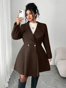 Elenzga Plus Size Overcoats With Waist Cinching Design And Metal Buckle - Coffee Brown - View 6