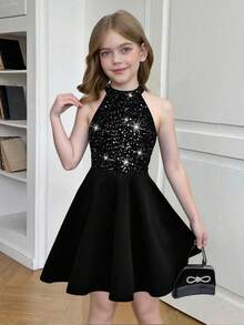 SHEIN Tween Girl Casual Everyday Elegant Beaded Knit Halter Waist A-Line Dress, Girls Black Dress, Suitable For Christmas, New Year, Birthday Party, Sibling Outfits Matching Outfits Girls Luxury Dress Black Party Dress - Black - View 7