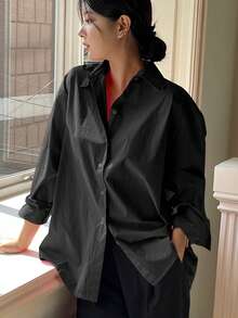 DAZY 女士纯色单排扣休闲日常长袖黑色衬衫