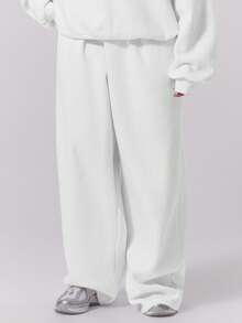 MUSERA Quần jogger ống đứng dáng rộng, chất liệu nỉ, cạp chun, cỡ lớn, thích hợp mặc mùa đông, đi học, dễ thương, mặc hàng ngày, phong cách thường ngày, của Coffee Club Curve, thích hợp cho mùa thu xuân. - trắng - Xem 2