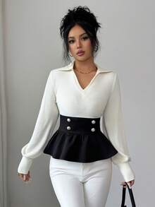 Elenzga Elegant Fashionable Minimalist Ruffle Hem White Knit Patchwork Blouse, Suitable For Party, Family Gathering, Christmas, Halloween, Valentine's Day, New Year, Commuting And Casual Wear, Autumn/Winter - Black and White - View 6