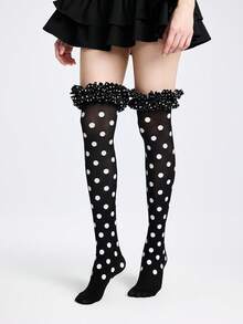 ROMWE Kawaii 1双女士黑白波点荷叶边过膝袜 - 彩色 - 查看 2