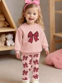 2pcs Baby Girls Casual Fashionable Cute Bow Print Pink Crew Neck Sweatshirt And Butterfly All-Over Print Leggings Set, Autumn/Winter Infant Toddler Hoodie And Pants 2-Piece Outfit - Multicolor - View 1