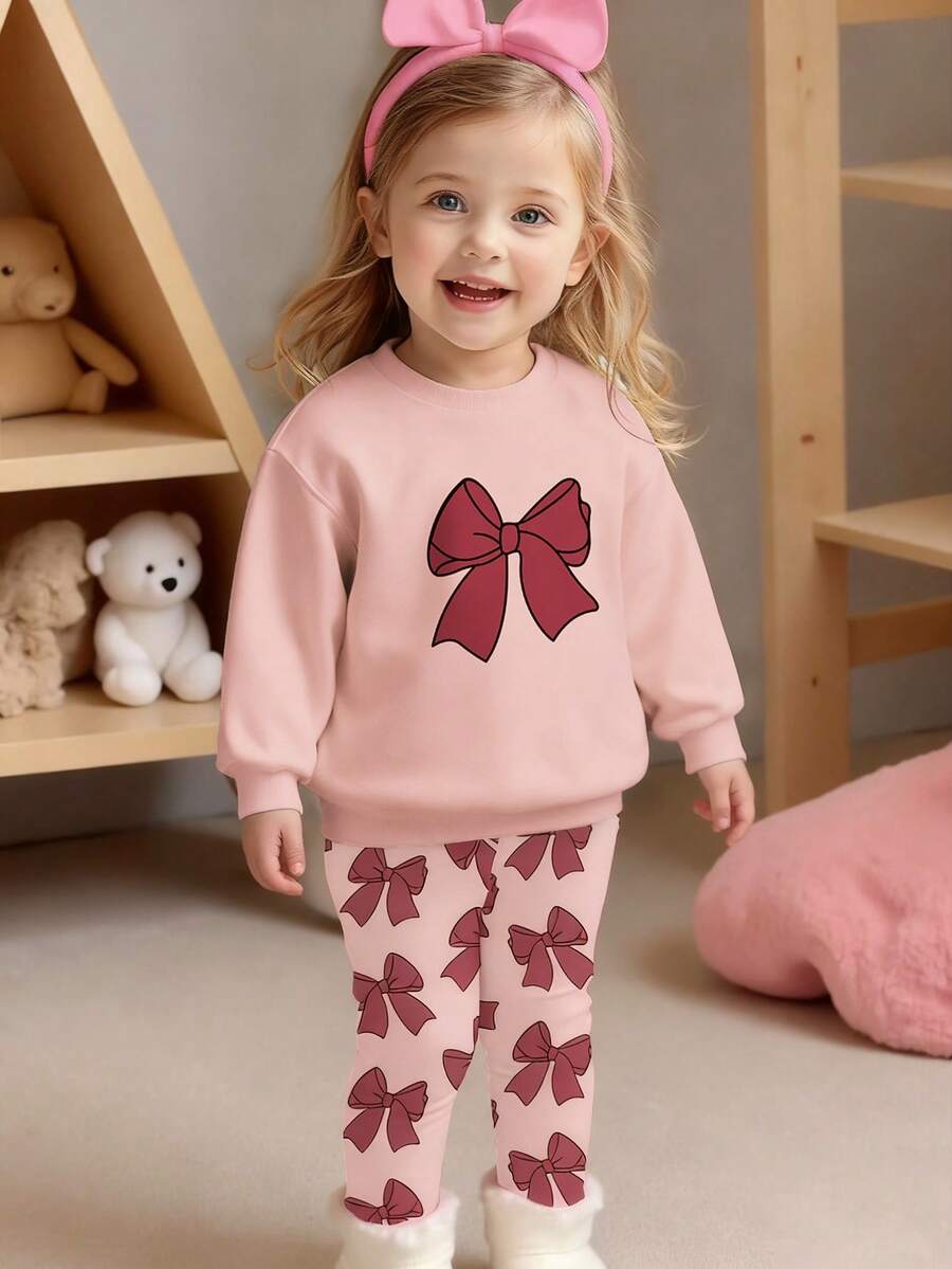 2pcs Baby Girls Casual Fashionable Cute Bow Print Pink Crew Neck Sweatshirt And Butterfly All-Over Print Leggings Set, Autumn/Winter Infant Toddler Hoodie And Pants 2-Piece Outfit - Multicolor - View 1