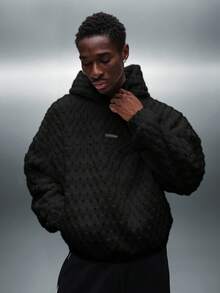 PLAYBOY X SUMWON Oversized Textured Plush Hoodie With Hexagon Pattern For Winter Comfort And Style - Black - View 2