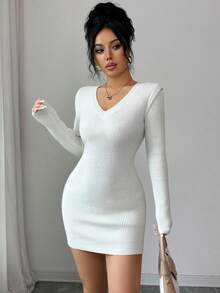 EMERY ROSE Váy len dệt kim dài tay cổ chữ V màu trơn đơn giản dành cho nữ - trắng - Xem 3