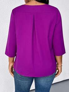 EMERY ROSE Plus Size Casual V-Neck Short Sleeve Women Blouse, Elegant Shirt - Purple - View 2