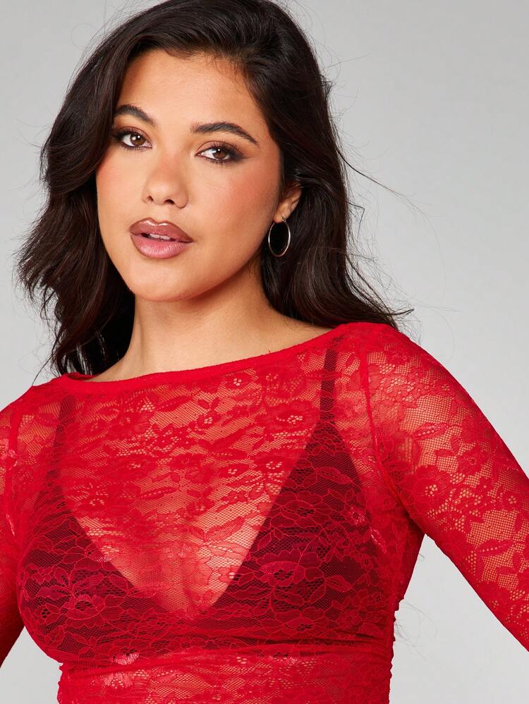 MISSGUIDED Elegant Long Sleeve Lace Blouse With Ruched Detail Asymmetrical Hem