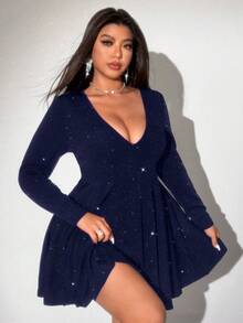 Viva Relle 大码女式优雅纯色针织高弹闪亮亮片箔片深V领派对鸡尾酒连衣裙，适合圣诞节、万圣节等场合，时尚设计，秋冬季新款 - 藏蓝色 - 查看 6