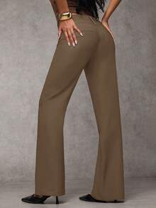 SHEIN BAE 女士纯色口袋优雅喇叭裤 女士正装裤 商务休闲女裤 秋季，女士秋装，女士冬装 - 卡其色 - 查看 2