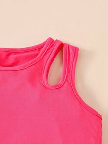 SHEIN ChillGRL 2pcs Tween Girl Hollow Knit Top & Denim Mini Skirt Set, Casual Summer Outfit - Hot Pink - View 4