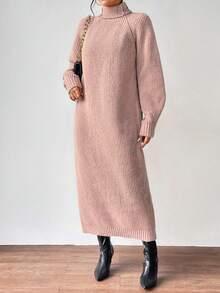 SHEIN Clasi Gaun Rajut Panjang Kerah Tinggi Warna Polos Kasual, Musim Gugur/Musim Dingin - Dusty Pink - View 5