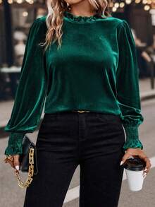 SHEIN Clasi 一件大号绿色天鹅绒袖口拉袢衬衫 - 墨綠色 - 查看 1