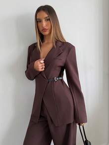 Aloruh Conjunto de chándal informal de mujer con sudadera de cuello de solapa de manga larga y pantalones de pierna ancha de unicolor - Café integral - Ver 6