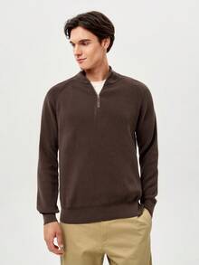 RONVEXI Men's Solid Color Stand Collar Half Zip Casual Long Sleeve Pullover Sweater - Coffee Brown - View 4