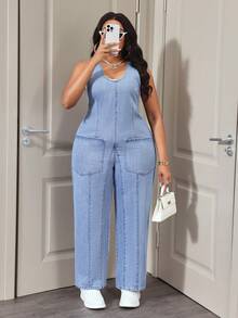 Slaydiva 大码女式无弹力牛仔连体裤，休闲宽松连体裤，工装风牛仔背带裤，时尚新款女式牛仔装扮 - 淺色水洗藍 - 查看 1