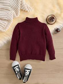 SHEIN Baby/Toddler High Neck Vintage Textured Knit Sweater, Comfortable Casual Loose Fit For School, Home, Outings, Autumn/Winter