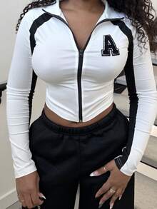 Alexandranx 女式紧身圆领拼色铆钉装饰 T 恤 - 黑與白 - 查看 3