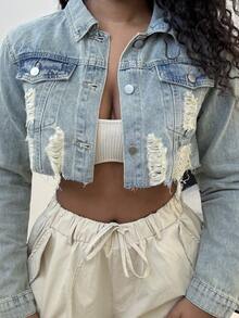 Alexandranx Women's Casual Ripped Front Button Up Long Sleeve Denim Jacket - Light Wash - View 3