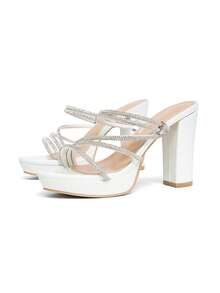 CUCCOO SZL Women's Fashion Rhinestone Strap Chunky Heel Platform Sandals, Suitable For Commuting, Dating, Gathering, Party, Wedding And Other Occasions Prom Heels Summer Shoes - White - View 6