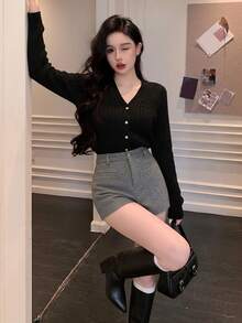 DAZY Women Casual Solid Color Twist Knit Fitted Cardigan, Autumn/Winter - Black - View 2