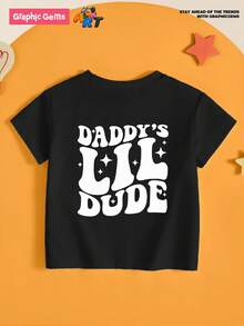 小男孩“Daddy's Lil Dude”字母印花圆领短袖黑色T恤，适合父亲节 - 黑色 - 查看 8