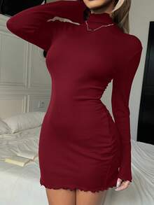 SHEIN EZwear 女士黑色针织弹力加厚修身连衣裙，秋冬款 - 酒紅色 - 查看 5